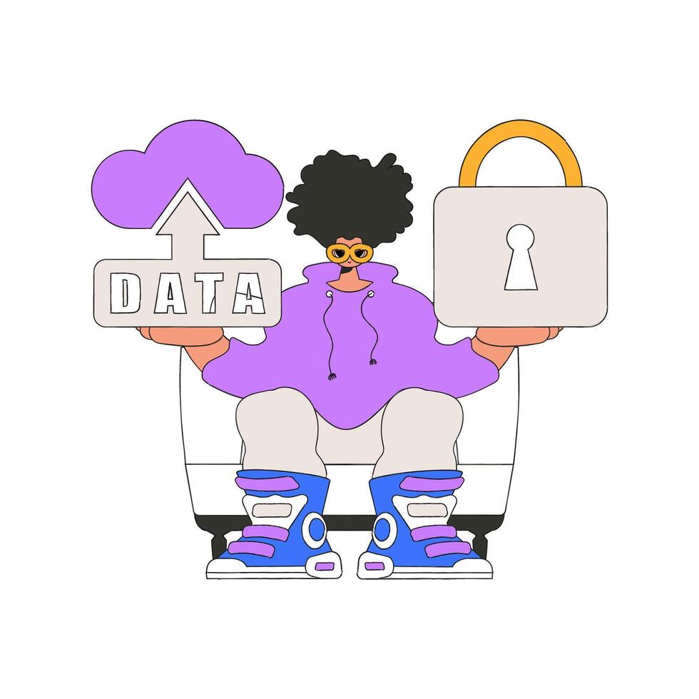 Person with cloud storage and padlock. vector