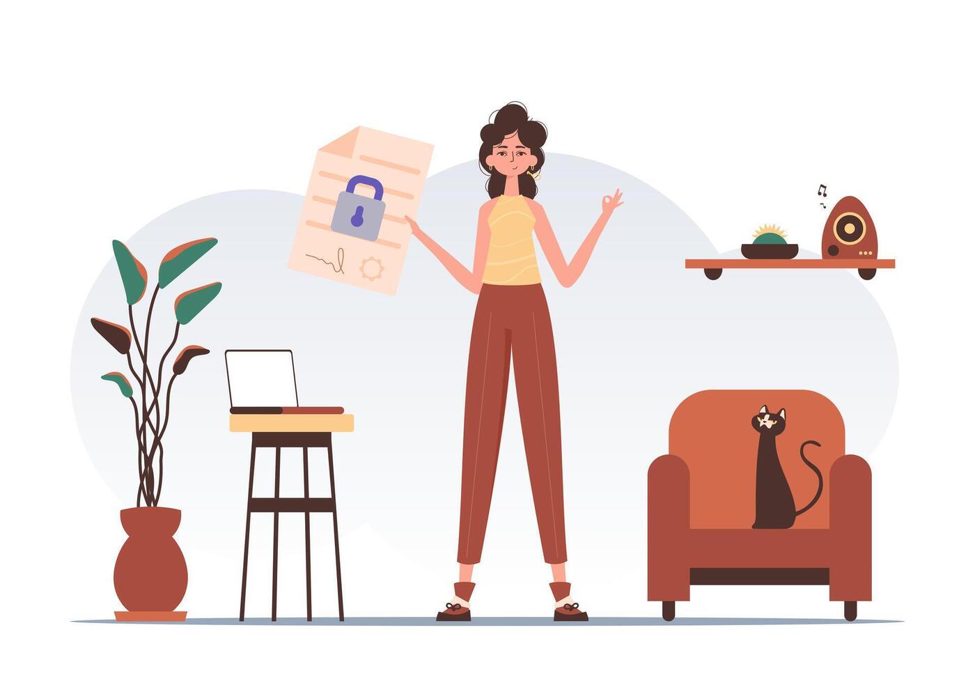 Data protection concept. Smart contract. The woman is holding a document. Modern style character. vector