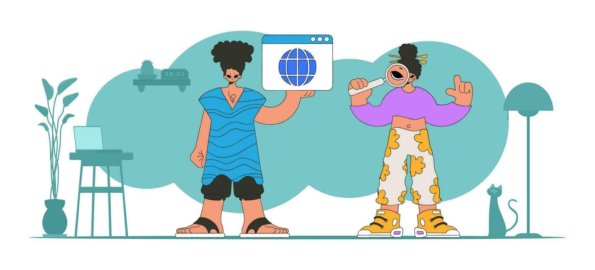 A bright and stylish illustration of a girl and a guy help to find information on the Internet. Bright trend character. Perfect for adding a modern and tech touch to your project. vector