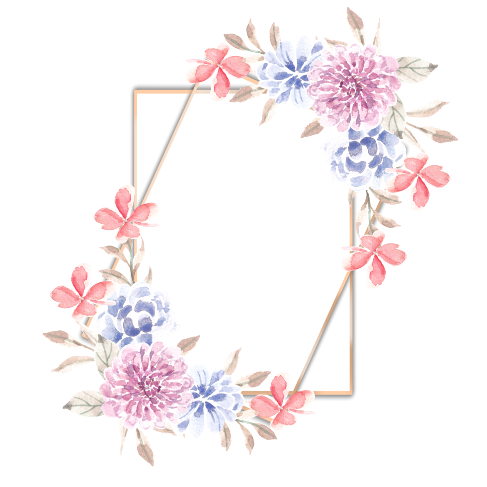 Dahlia and Purple Watercolor Flower Gold Frame png