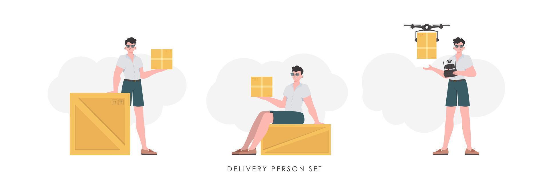 A set of a man with a box and a parcel. The concept of cargo delivery. Trendy flat style. illustration. vector