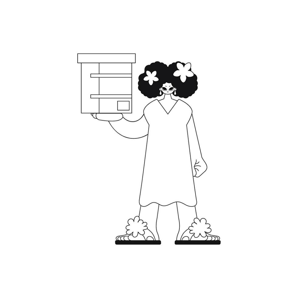 Girl holds a box. delivering parcel. Illustration in linear style. vector