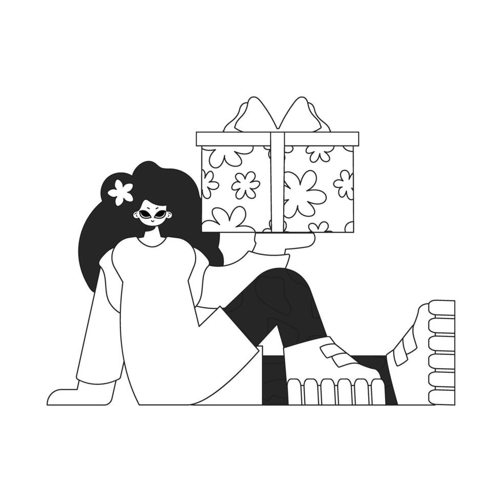 Inspirational woman holding a gift box. Linear style character. vector