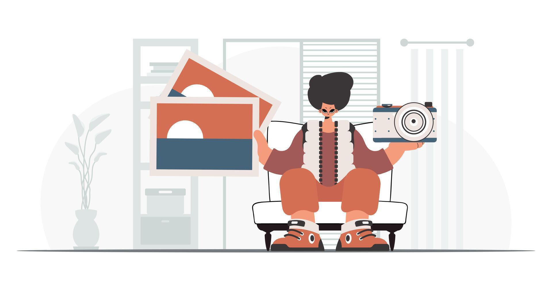 A man sitting on a chair holding a camera and a book vector