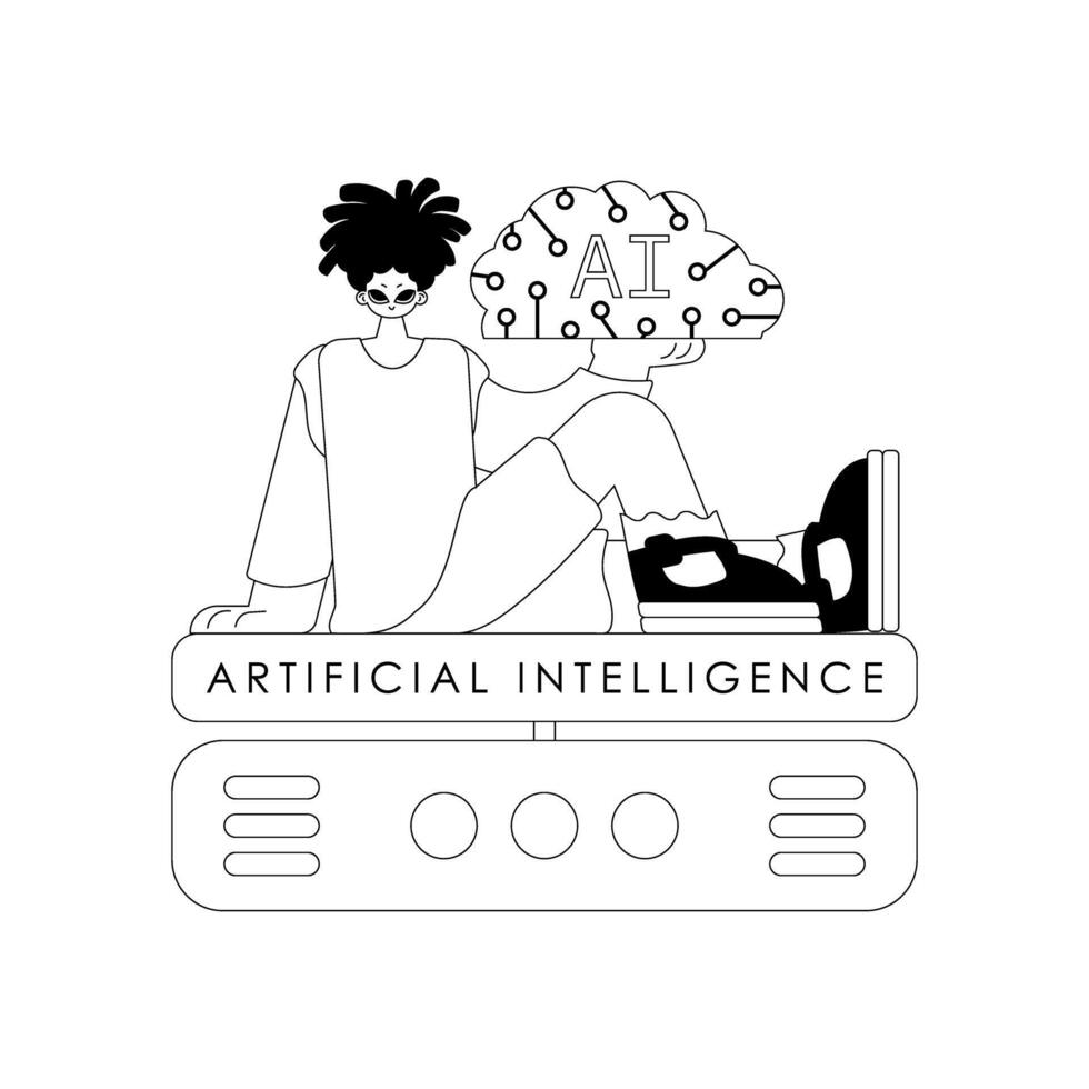 AI man on a server, AI themed, linear vector style