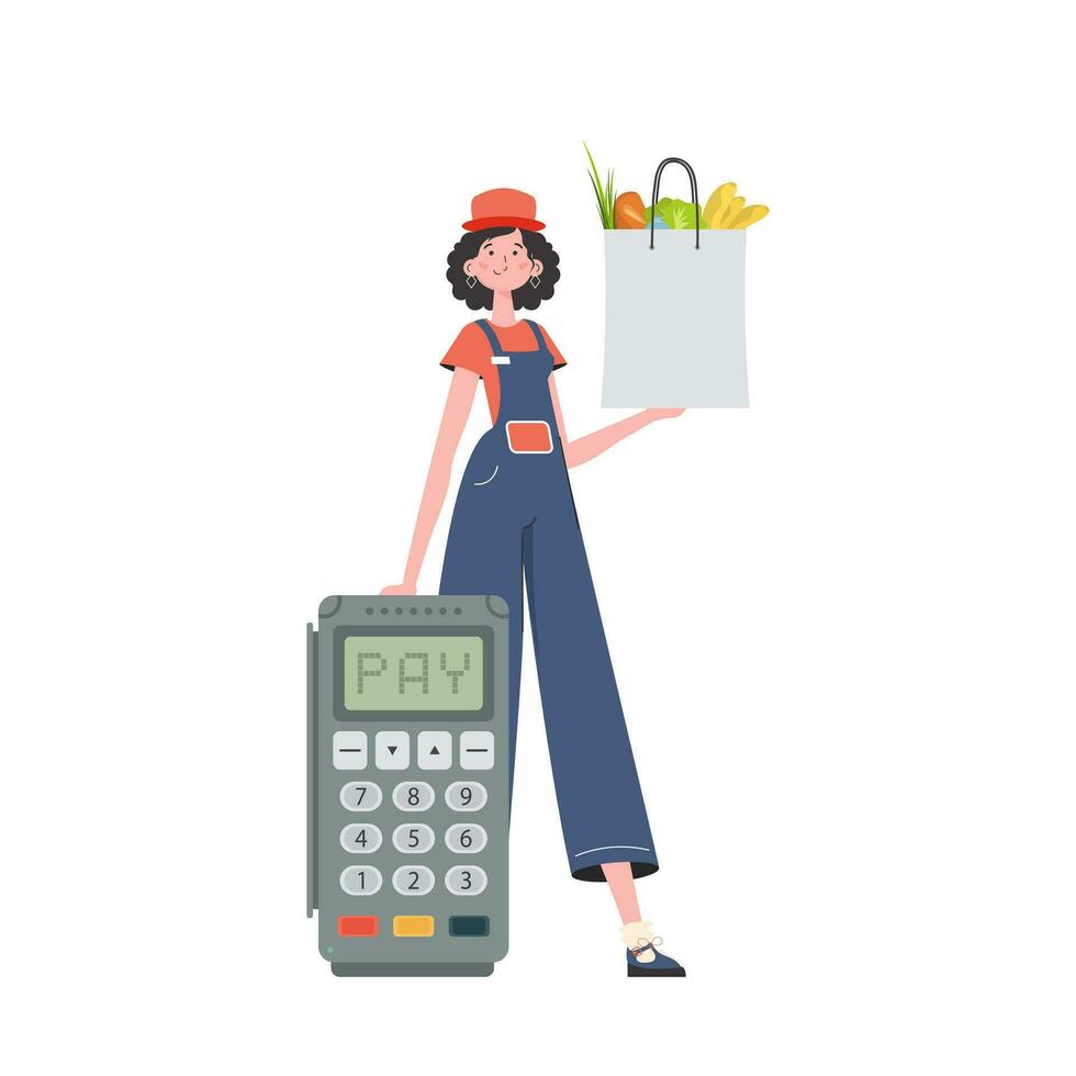 A woman is holding a bag of food. Home delivery concept. Isolated. trendy style. Vector. vector