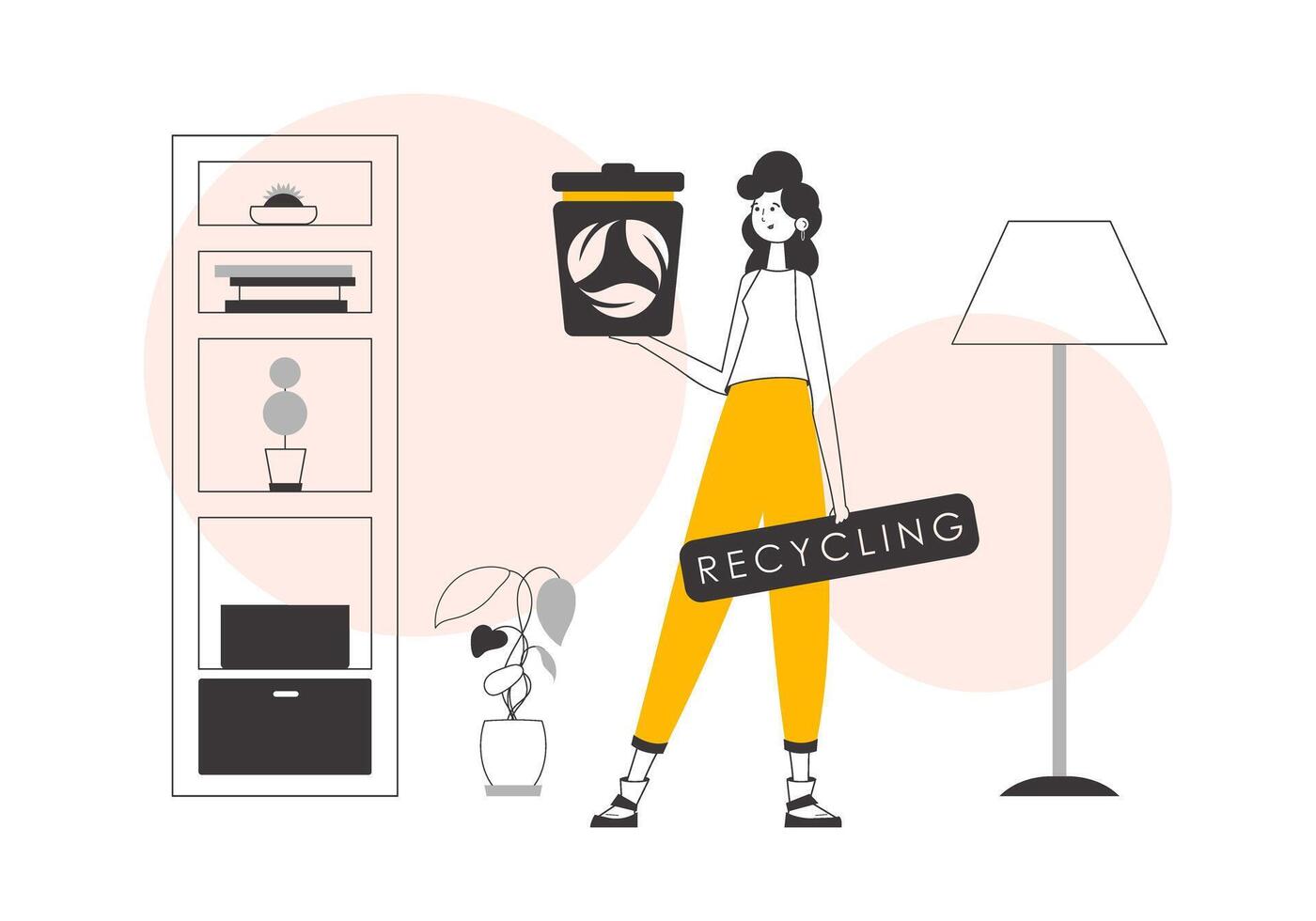 The girl is holding a trash can. The concept of recycling plastic and waste. Lineart trendy style. vector