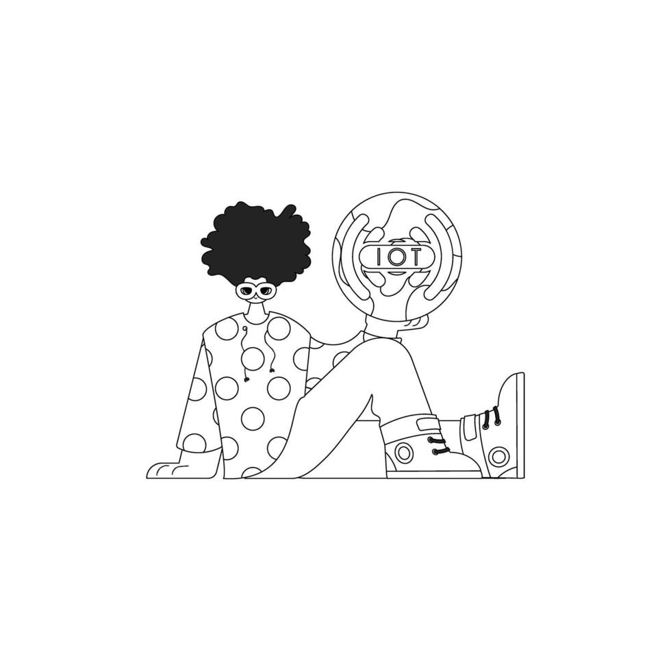 Illustration of a man holding an IoT logo in a linear design vector