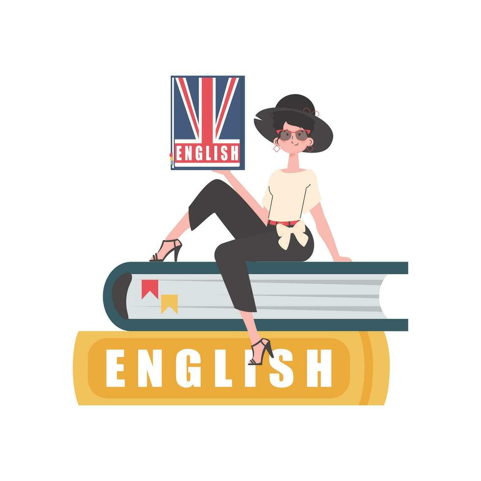 un mujer se sienta en libros y sostiene un Inglés diccionario en su manos. el concepto de aprendizaje inglés. aislado. de moda dibujos animados estilo. vector ilustración.