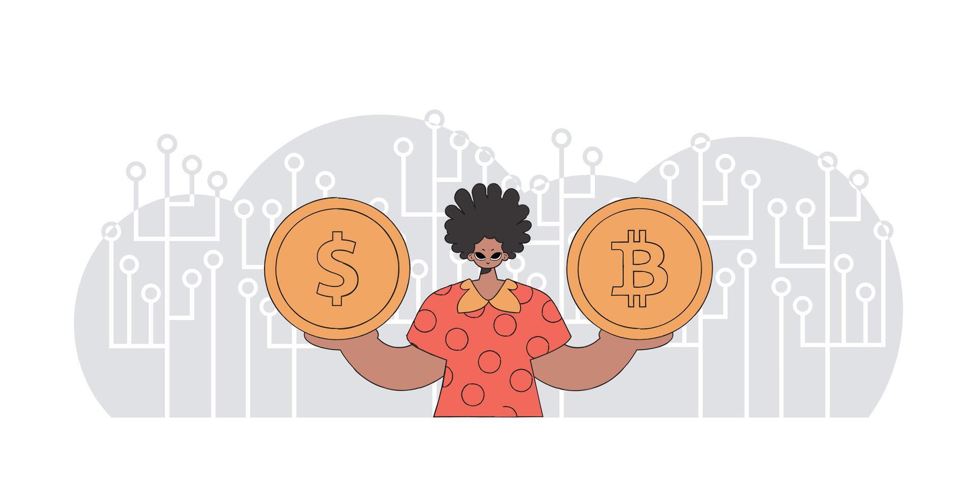 Man holding bitcoin and dollar. Cryptocurrency concept. vector