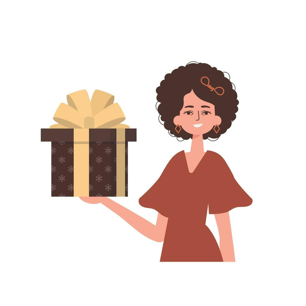 The girl is holding a gift box. Modern character style. vector