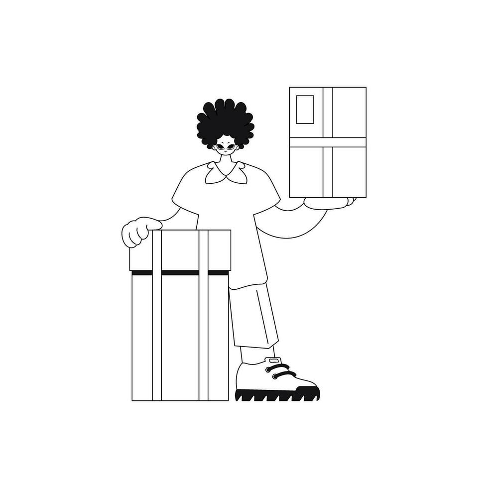 hombre sostiene un caja. entrega servicio. minimalista estilo, vector ilustrador.
