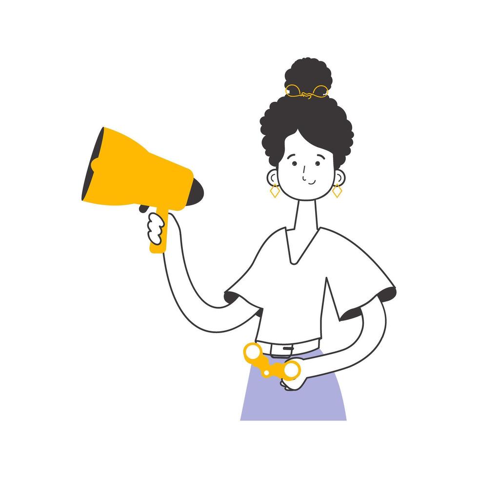 The girl is holding a bullhorn and binoculars in her hands. Job Search Theme. H.R. Linear style. Isolated. Vector. vector