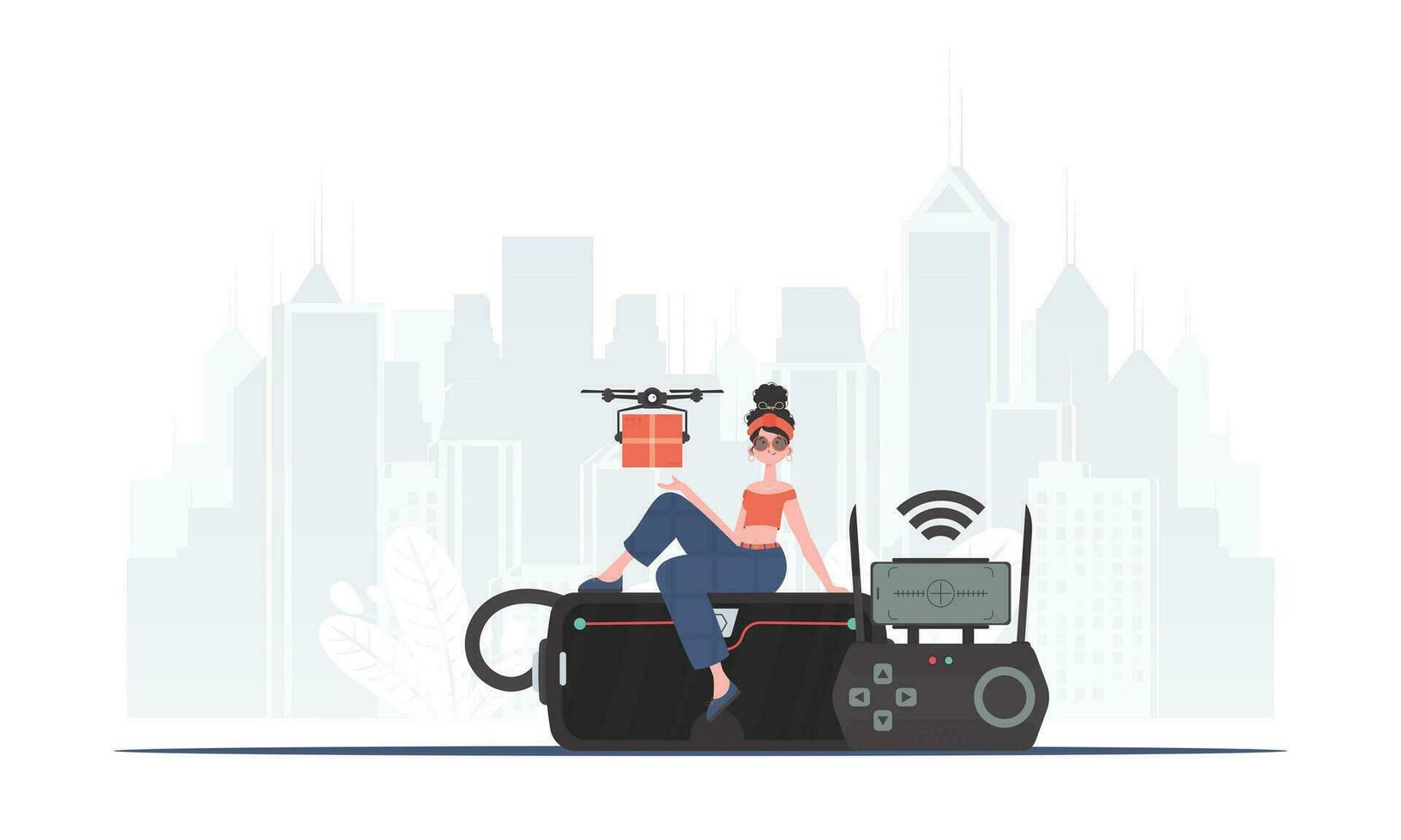 A woman controls a quadcopter with a parcel. Delivery concept. Vector illustration.