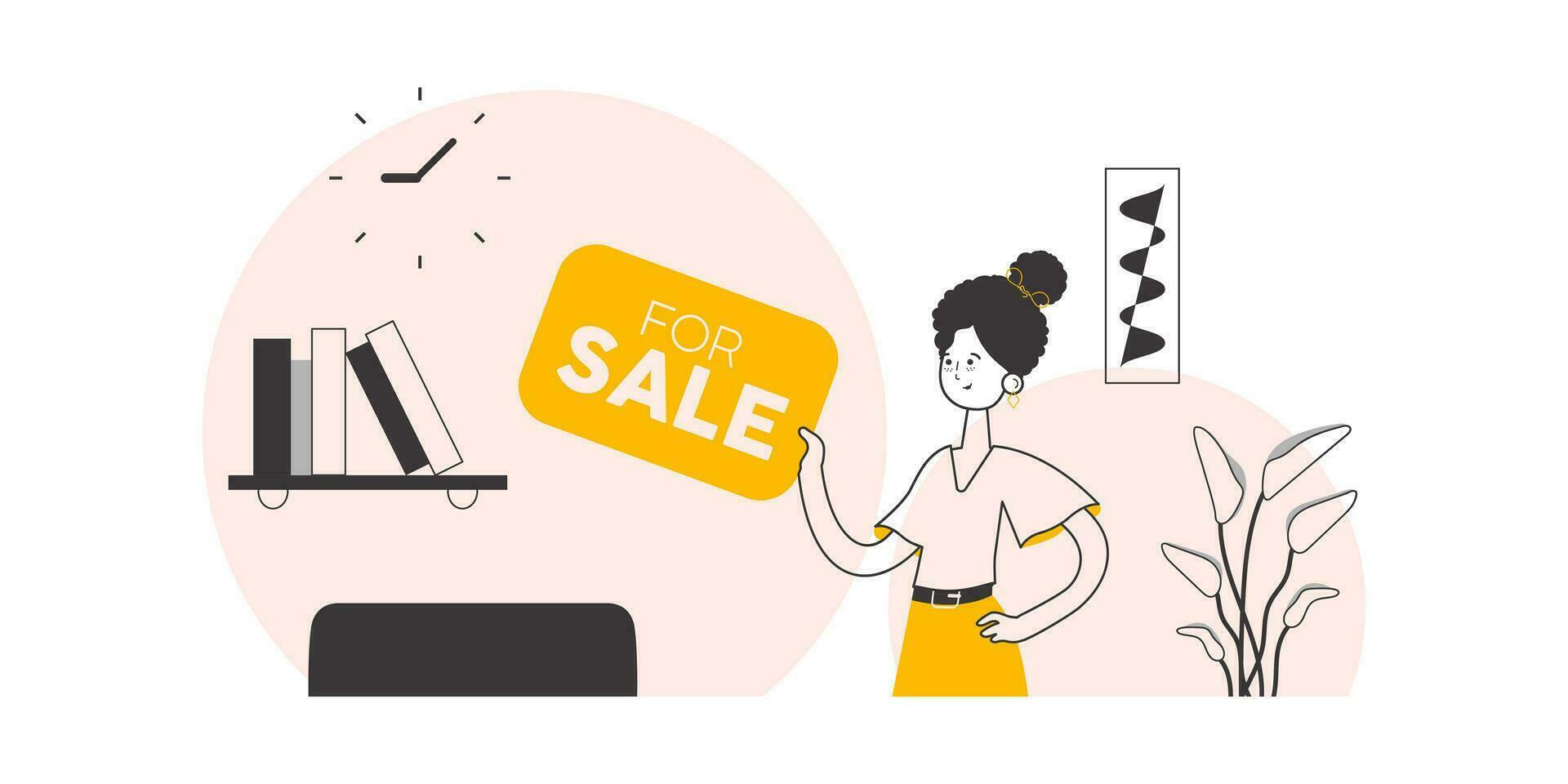 The girl is a specialist in the sale of real estate. Lineart minimalistic style. Vector illustration.