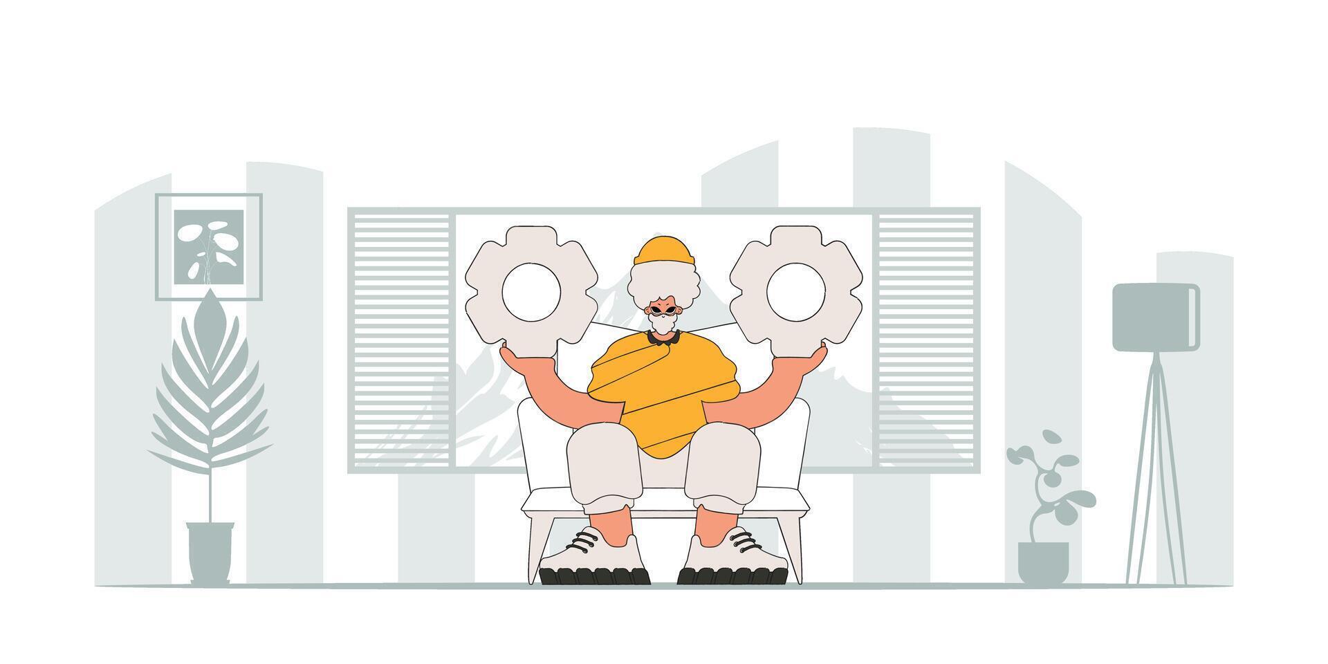Presentable guy holding gears. Illustration on the theme of the appearance of an idea. vector