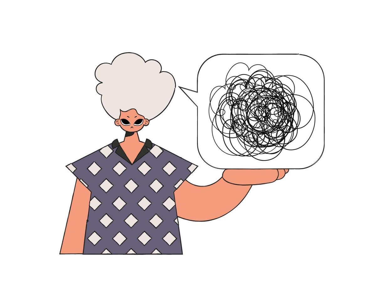 The man shows that he is trying to understand something. A person with mental problems. vector