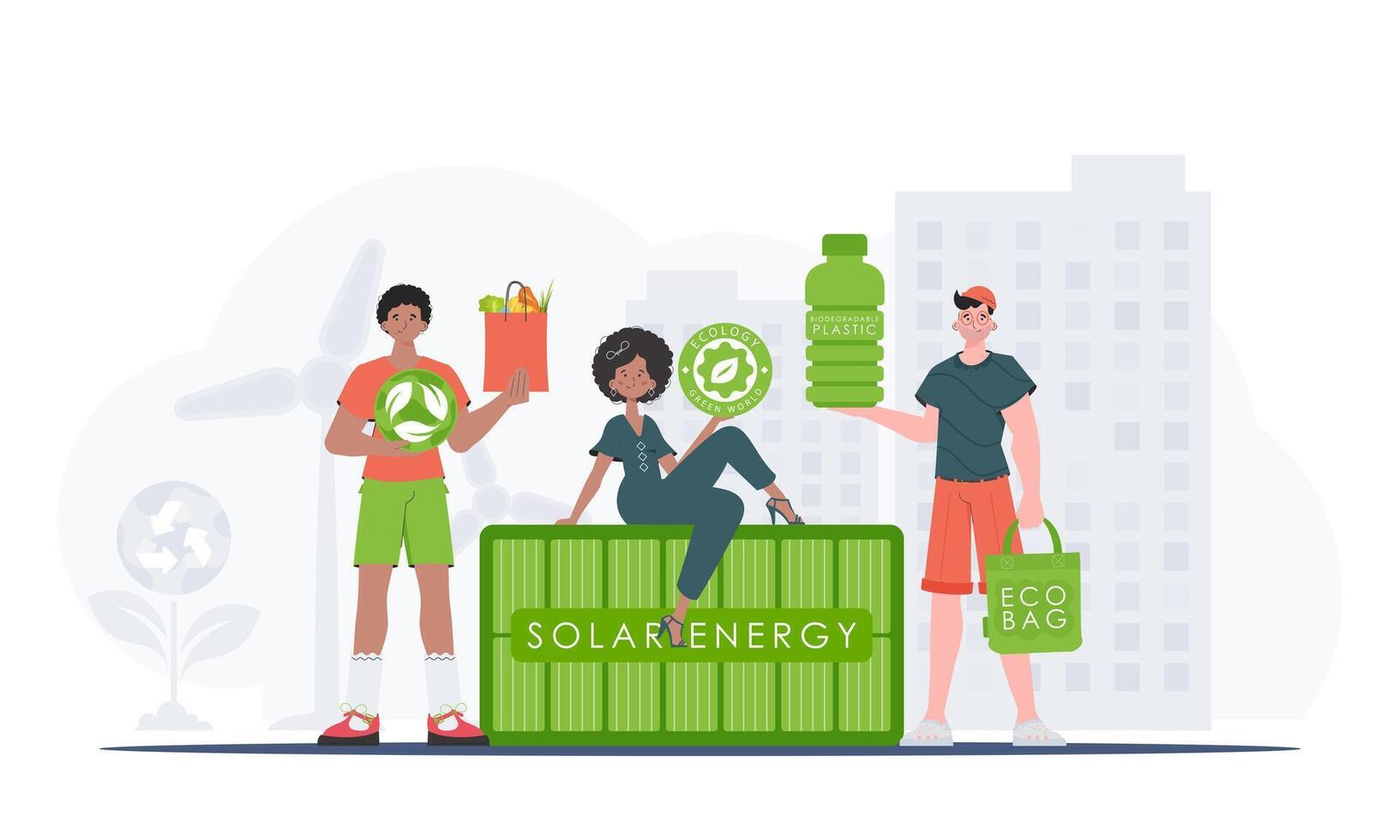Concept of green world and ecology. People who care about the environment. Cartoon trendy style. . vector