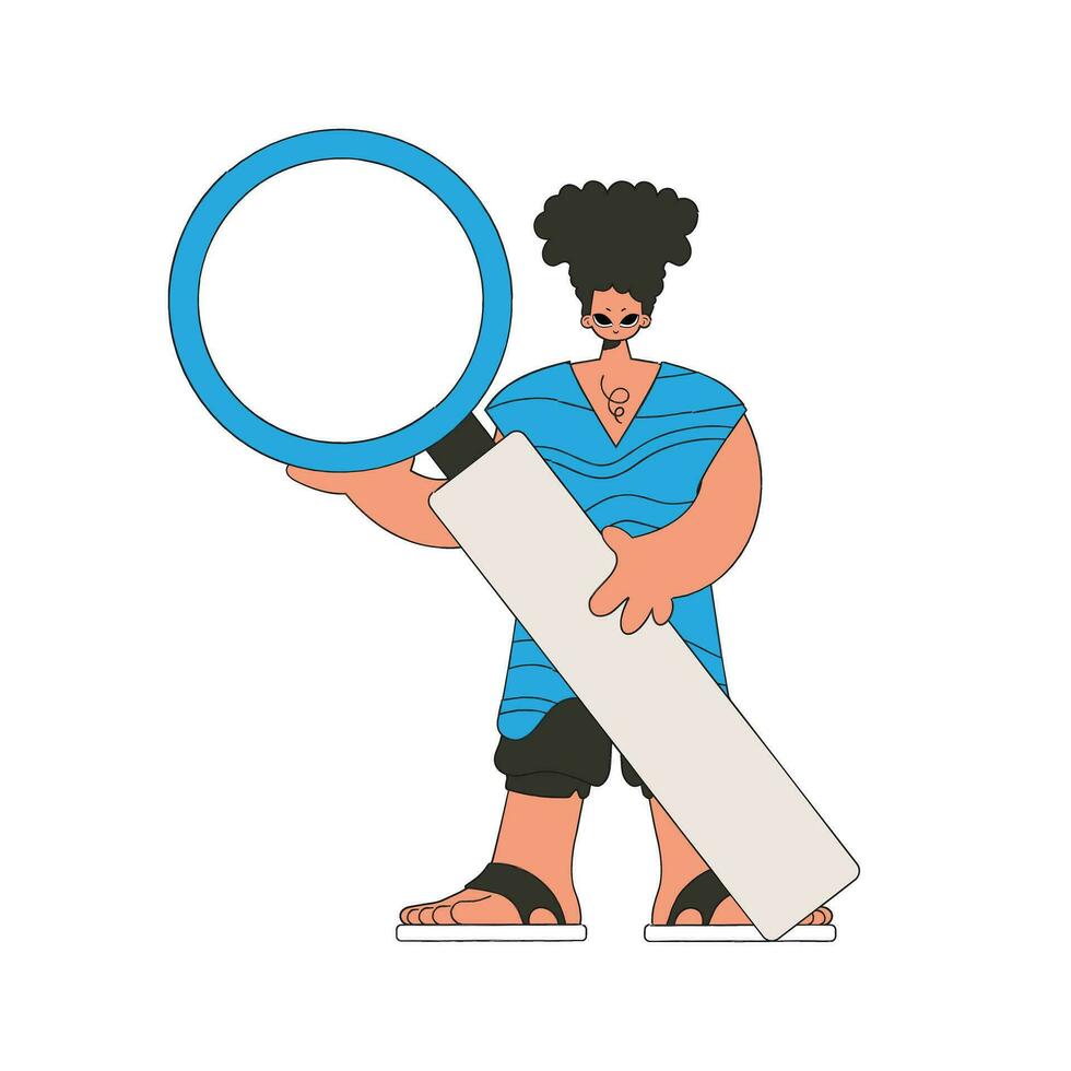 A man holds a magnifying glass in his hands. Search for the necessary information on the Internet. Retro style character. vector