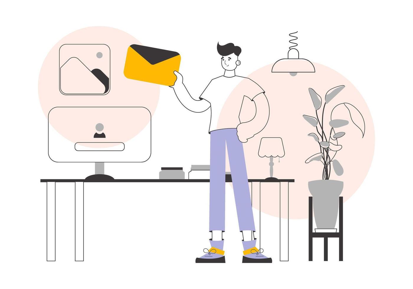A man holds an envelope or a letter in his hands. Linear trendy style. illustration. vector