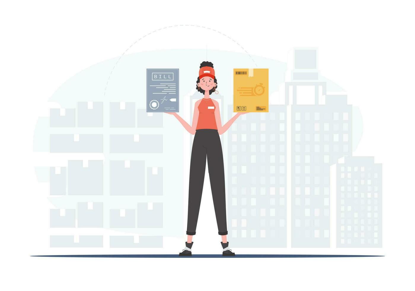 Delivery concept. A woman courier is holding a parcel and a check. Cartoon style. Vector. vector