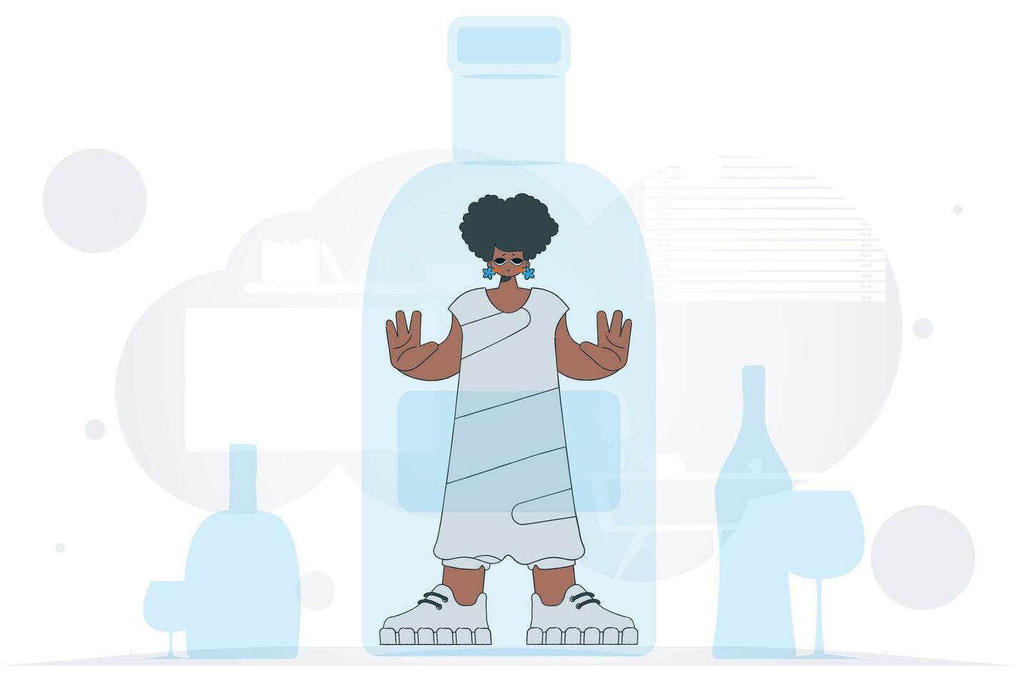 The concept of treatment for alcohol addiction. A woman is a hostage inside a bottle. vector
