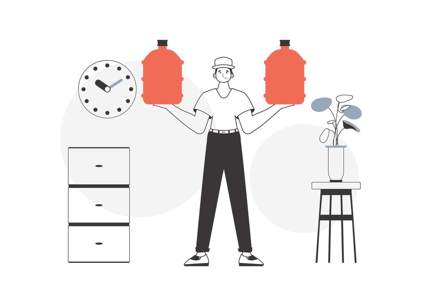 The porter holds a bottle of water in his hands. Water delivery concept. Linear style. vector