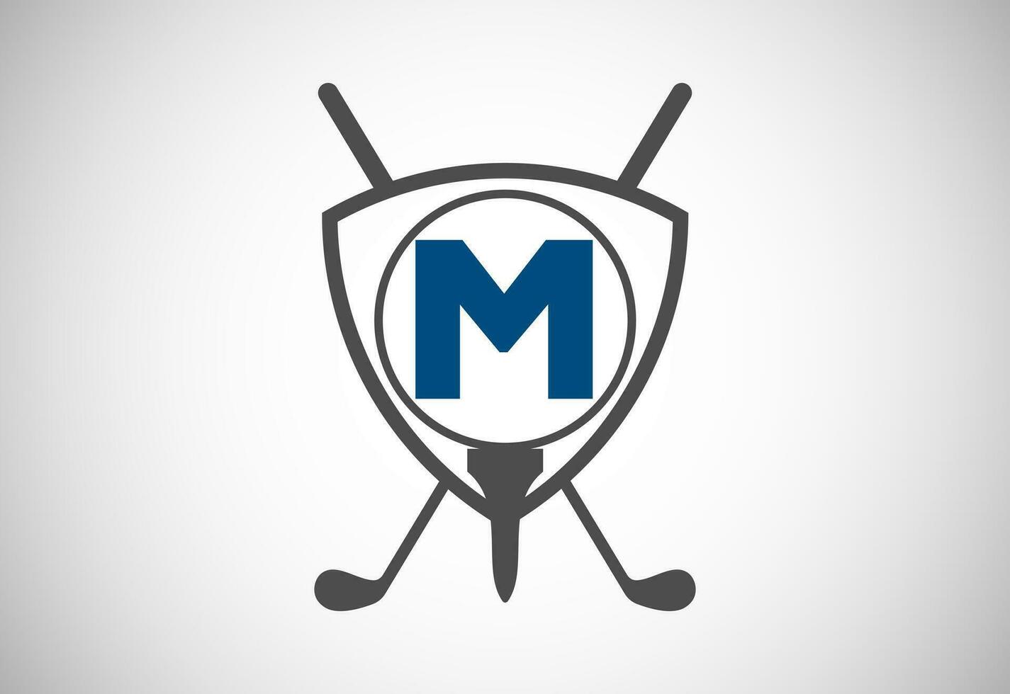 English alphabet M with golf ball, golf stick and shield sign. Modern logo design for golf clubs. vector