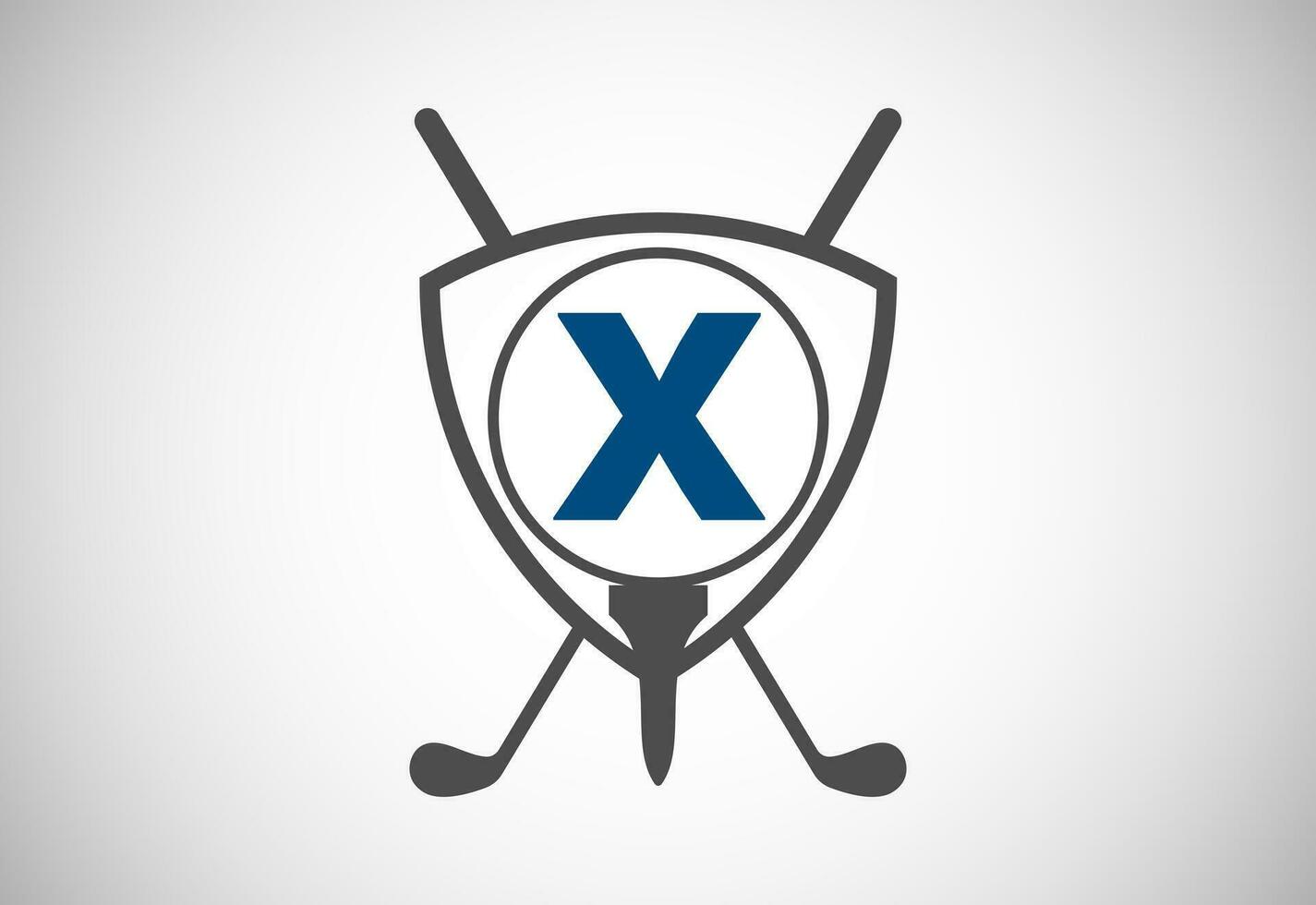 English alphabet X with golf ball, golf stick and shield sign. Modern logo design for golf clubs. vector