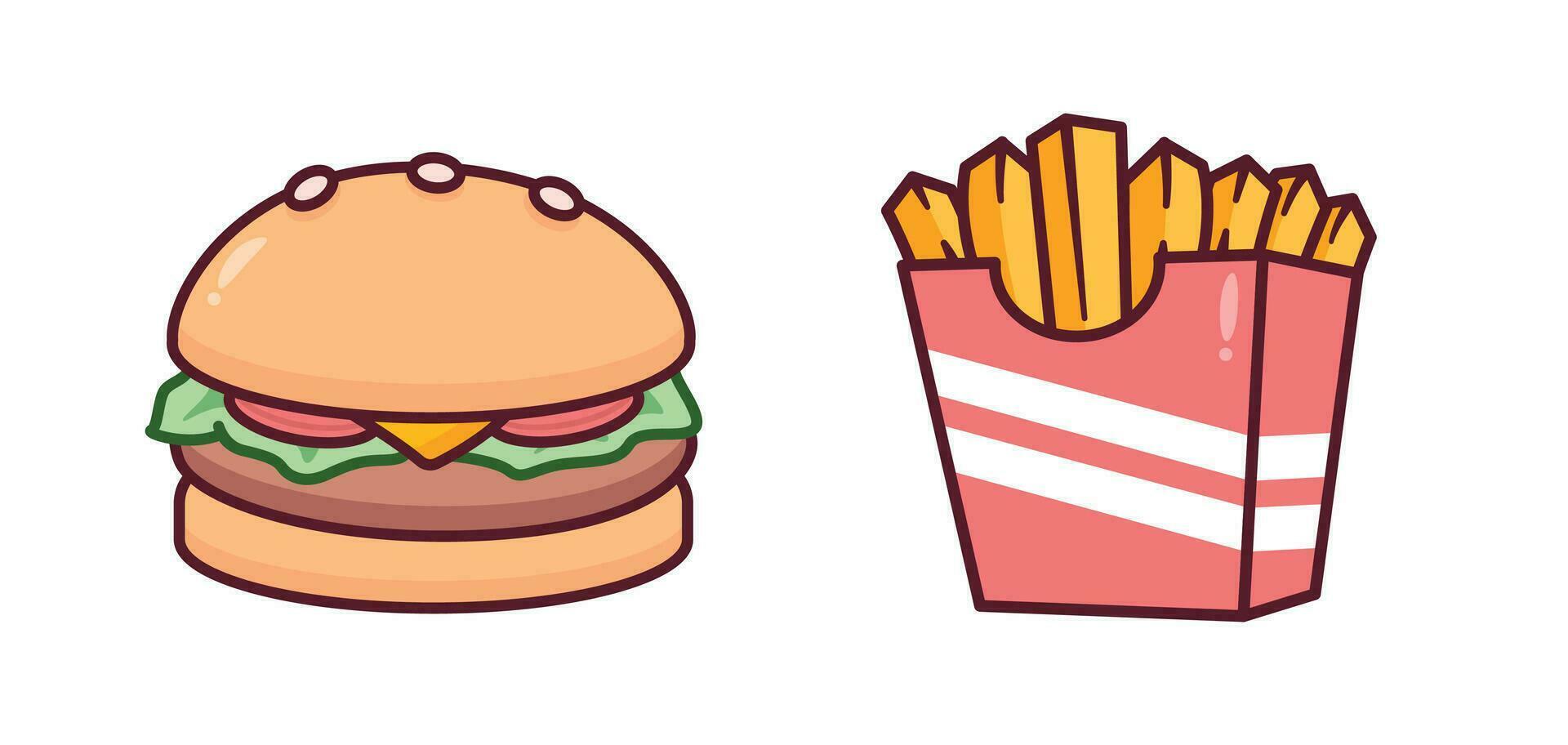 Cute Kawaii Burger, Hamburger and French Fries Potato Fast Food Clipart, Sticker, Illustration vector