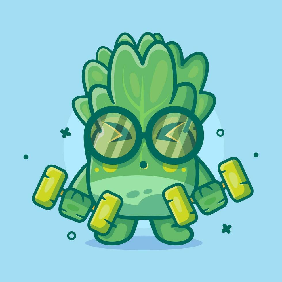 gracioso lechuga vegetal personaje mascota haciendo culturismo utilizando pesa aislado dibujos animados en plano estilo diseño vector