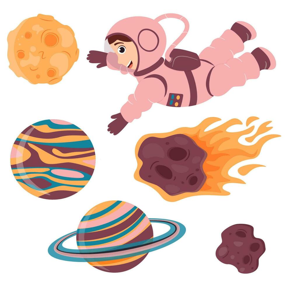 A set of illustrations with a cute astronaut, moon, meteorite and planets in cartoon style. vector