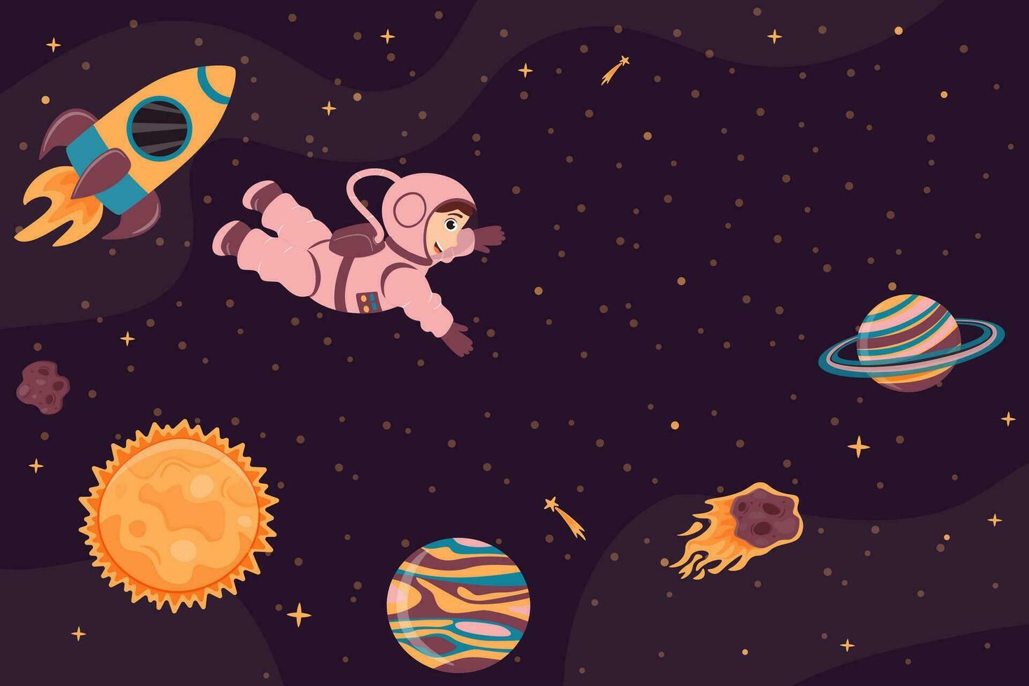antecedentes con linda astronauta, cohete, planeta y meteorito en dibujos animados estilo. vector