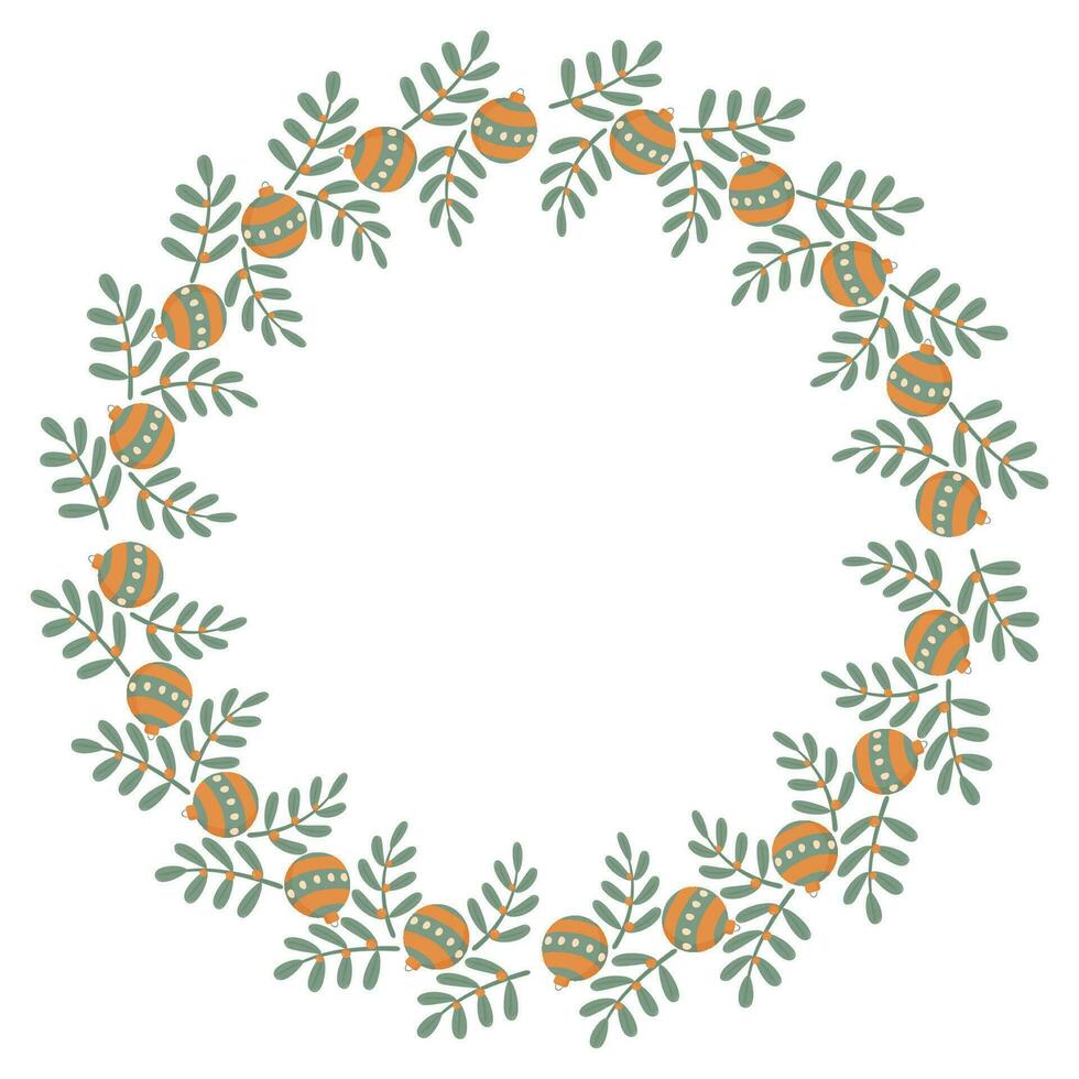 A wreath of twigs with leaves and Christmas balls. vector