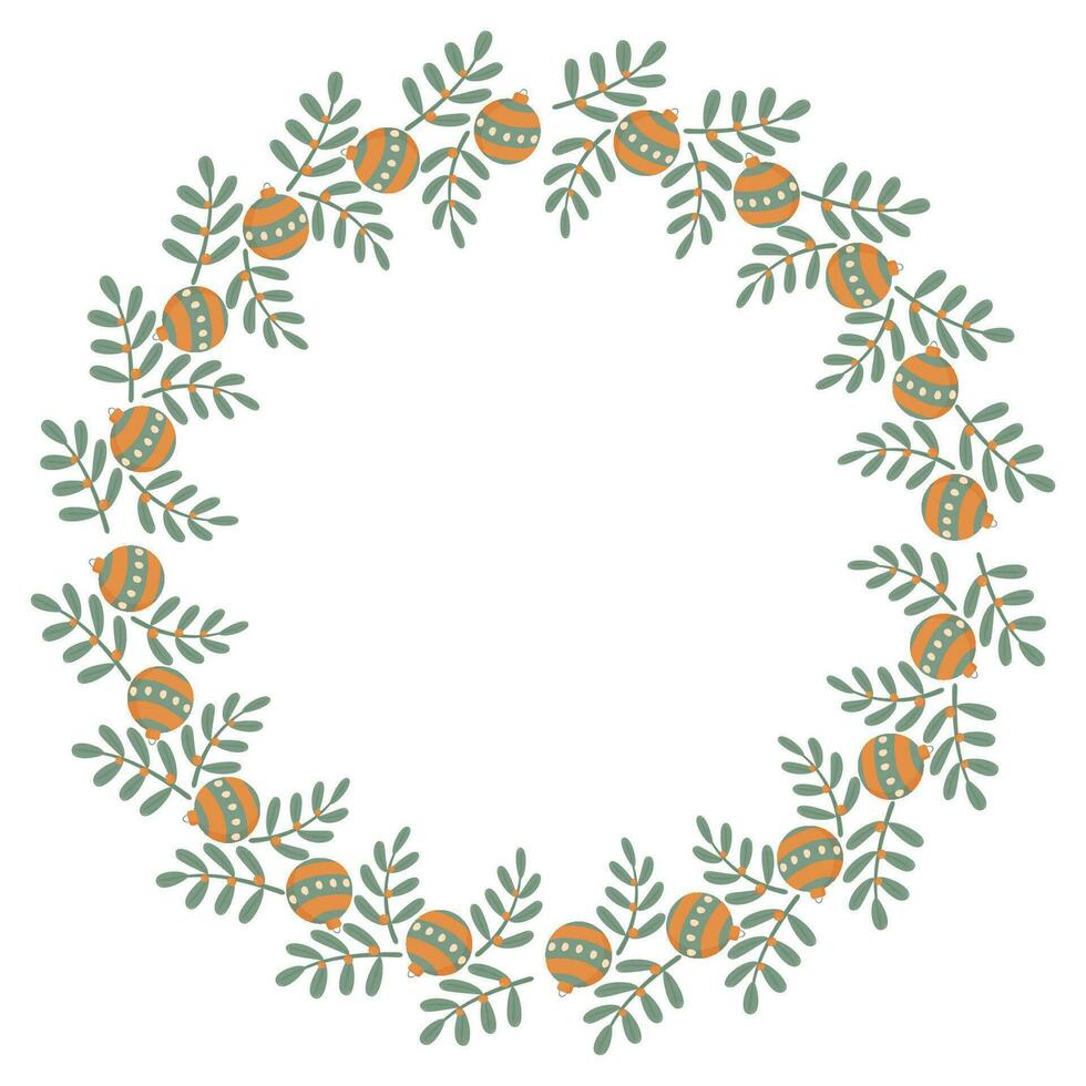 A wreath of twigs with leaves and Christmas balls. vector