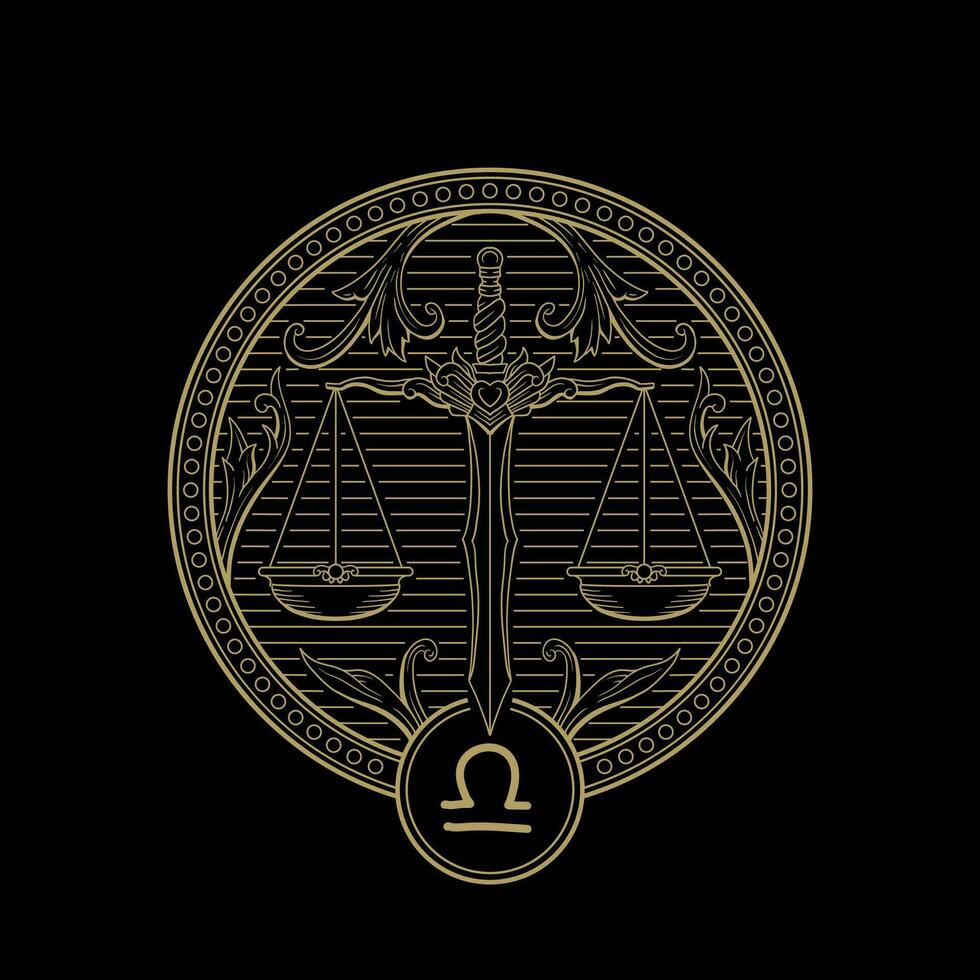 Libra zodiac symbol in gold engraving line art style vector