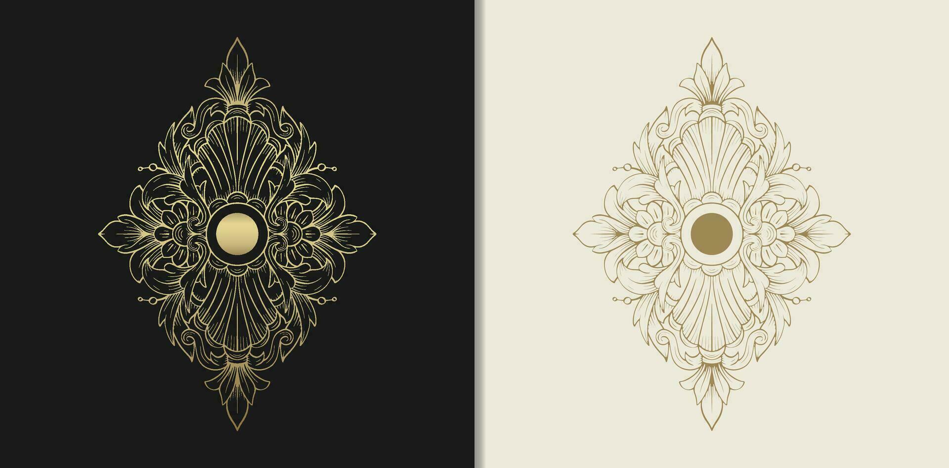 Gold baroque ornament with flower and leaf motifs in a hand drawn style vector