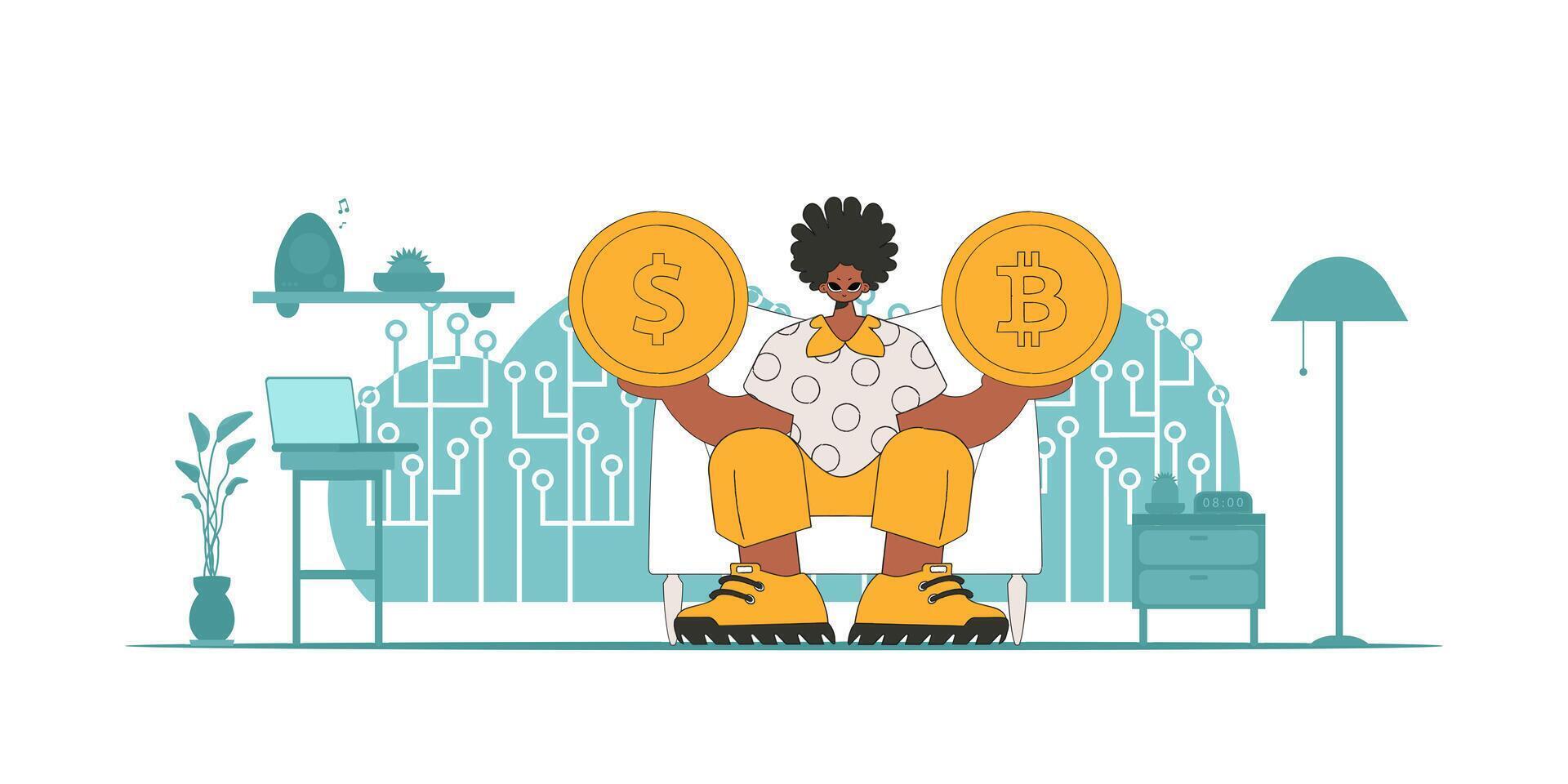 A man is holding a dollar and bitcoin coin. Theme of interaction with digital monetary assets. vector