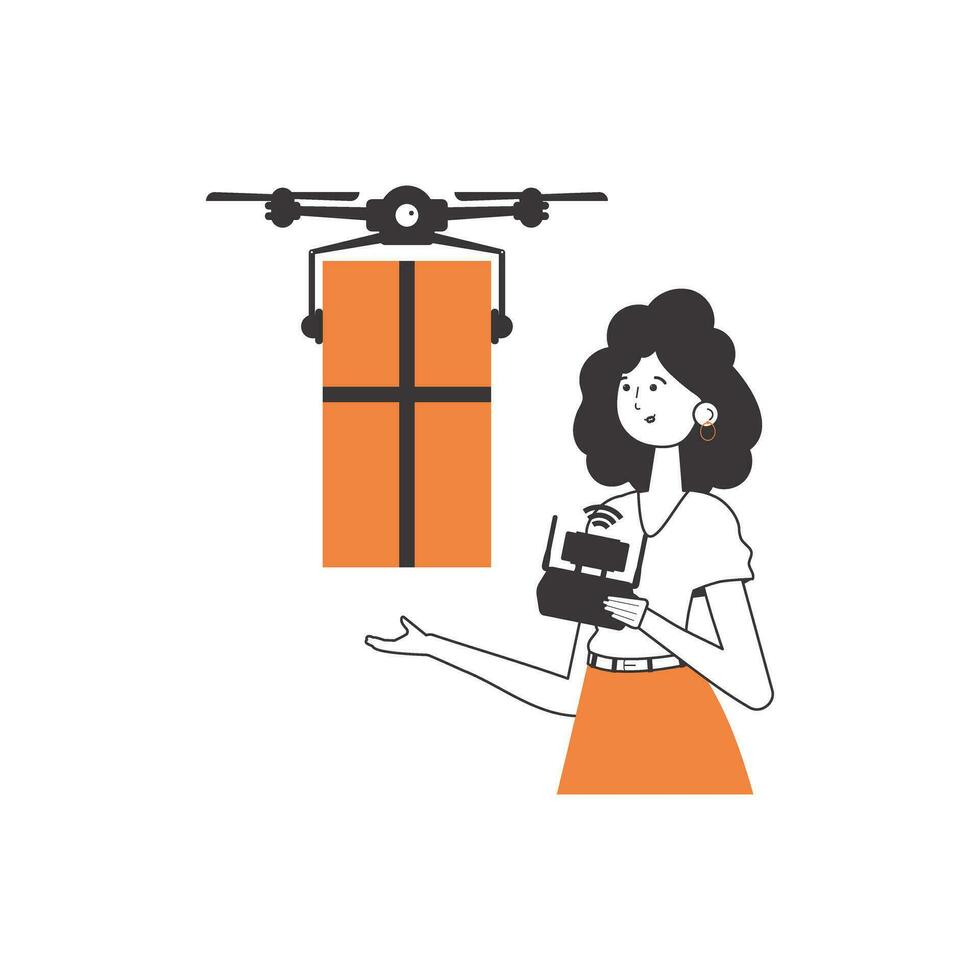 A woman delivers a package with a drone. The concept of cargo delivery by air. Linear modern style. Isolated on white background. Vector illustration.