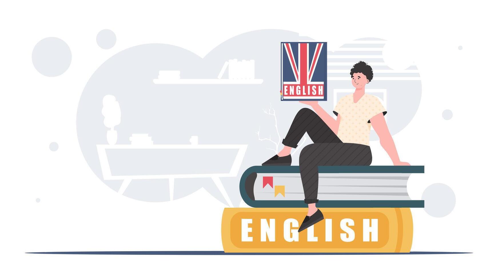 The concept of learning English. A man sits on books and holds an English dictionary in his hands. Trendy cartoon style. illustration. vector