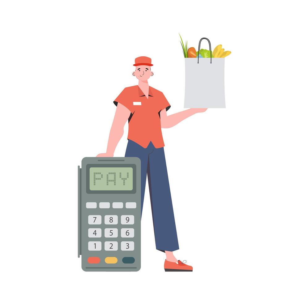 A man delivers a package of products. Home delivery concept. Isolated. trendy style. . vector