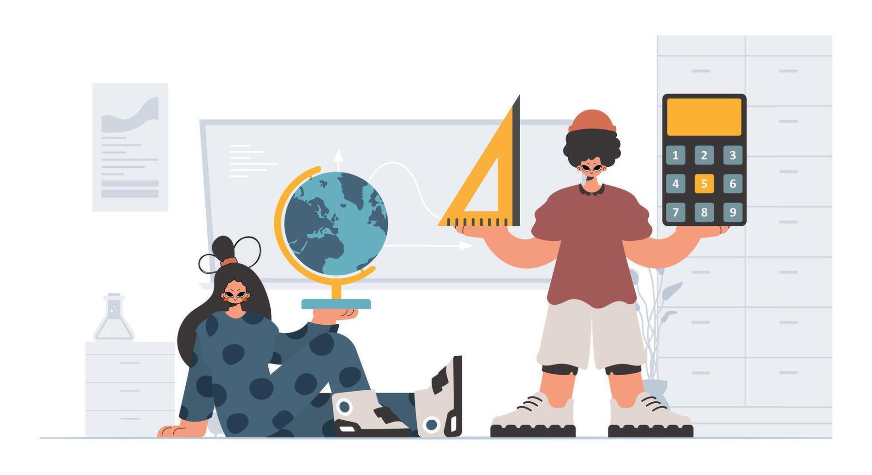 Individual and energized woman school understudies, analyzing to begin with school subjects. Trendy style, Vector Illustration