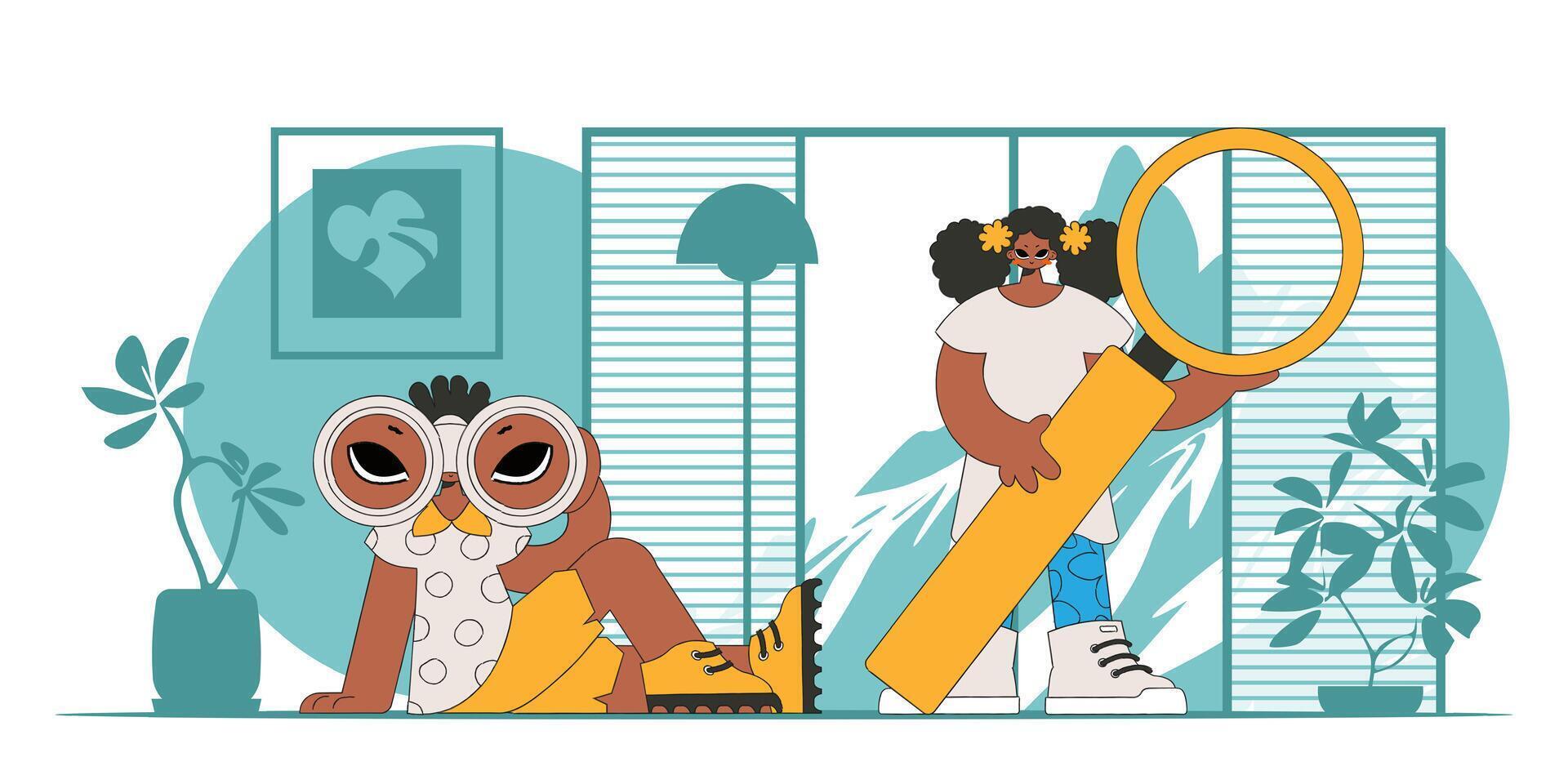 HR theme. Attractive group of HR people are holding binoculars and magnifier in their hands. vector