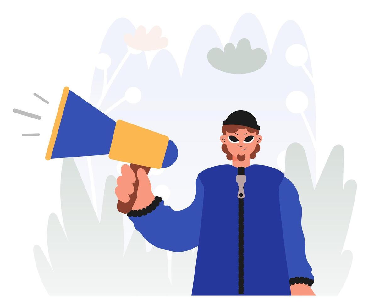 A man in a blue coat holding a megaphone vector