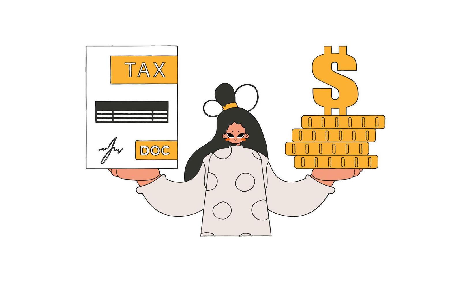 A well-dressed woman holds a tax form and coins in her hands. The topic of paying taxes. vector