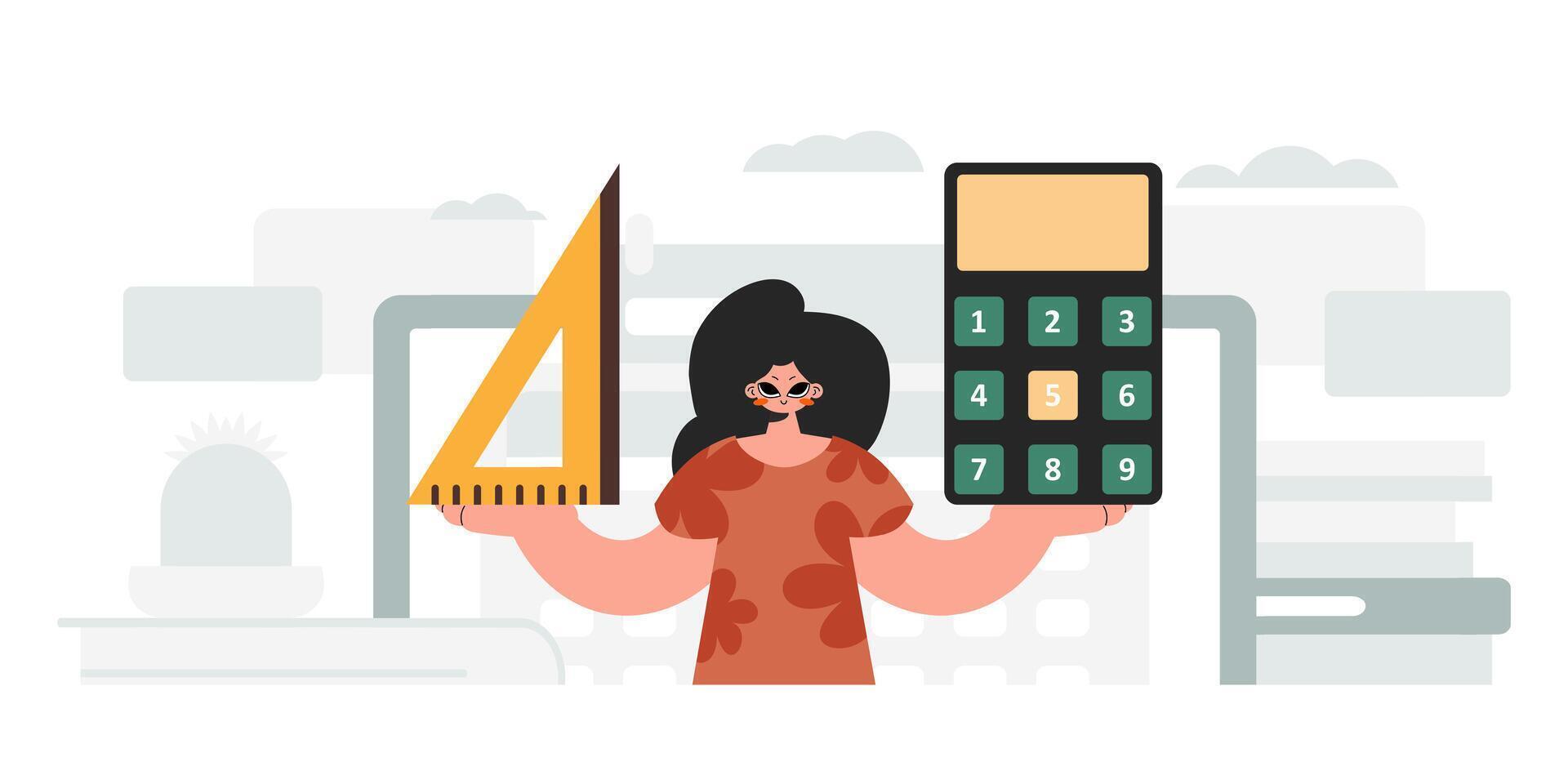 Energized lady holding a ruler and calculator, learning subject. Trendy style, Vector Illustration