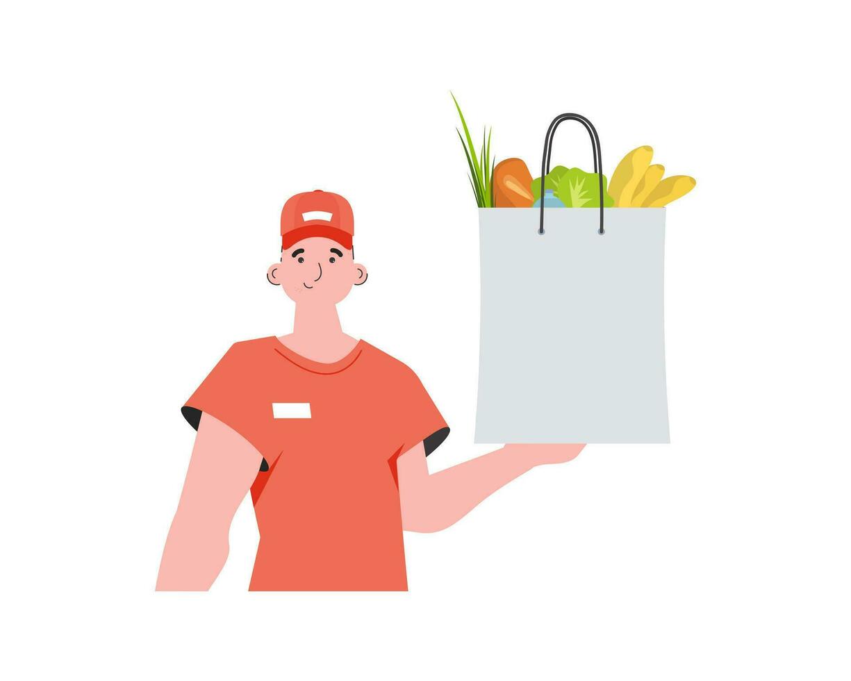 un hombre es participación un tienda de comestibles bolsa. hogar entrega concepto. aislado. de moda estilo. vector. vector