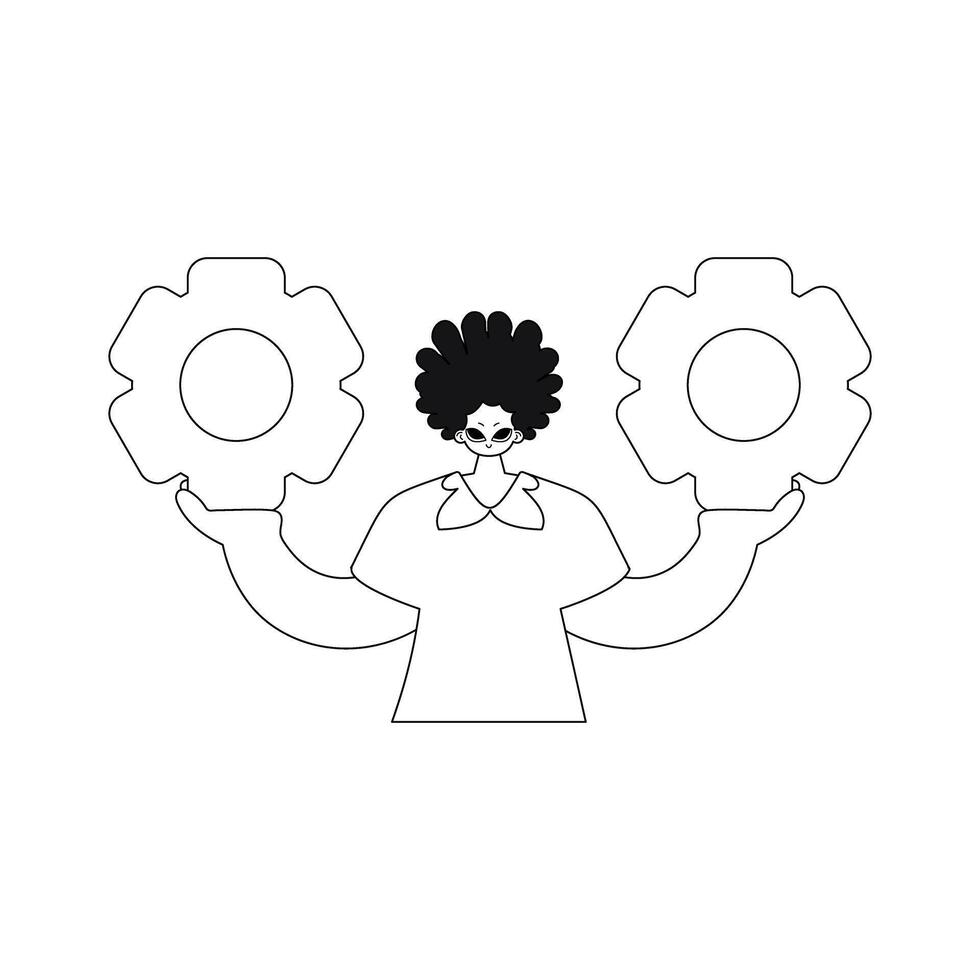 Man holds gears in his hands. Linear vector illustration.