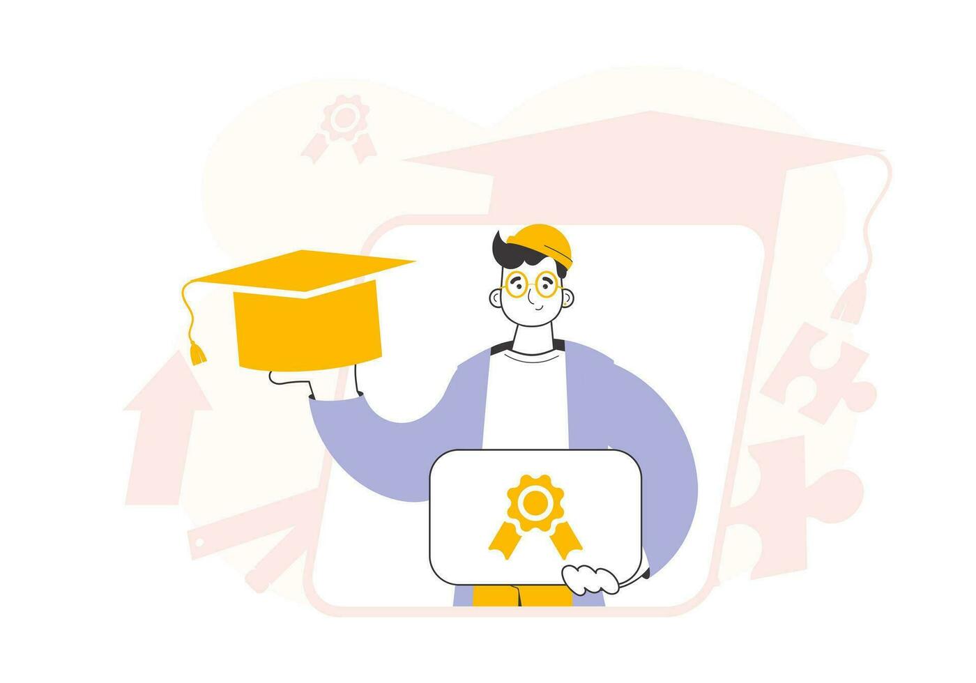 The student guy is holding a diploma. Trendy style line art. Vector. vector