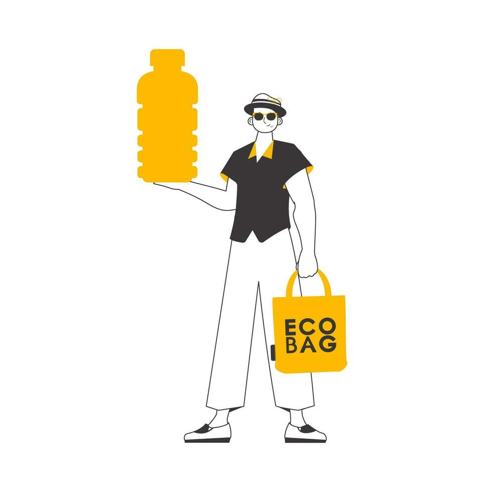 A man holds in his hands an eco bag and a bottle made of biodegradable plastic. The concept of ecological products. Linear trendy style. vector